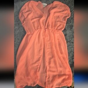 Neon Orange Lightweight Sheer Coverup Dress with Tie Waist